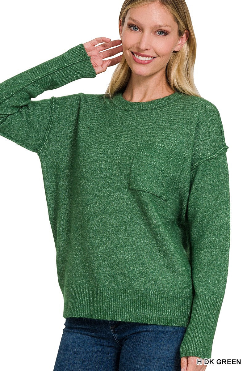 Faye Hi Low Hem Round Neck Sweater ~ Dark Green High Rise Boutique