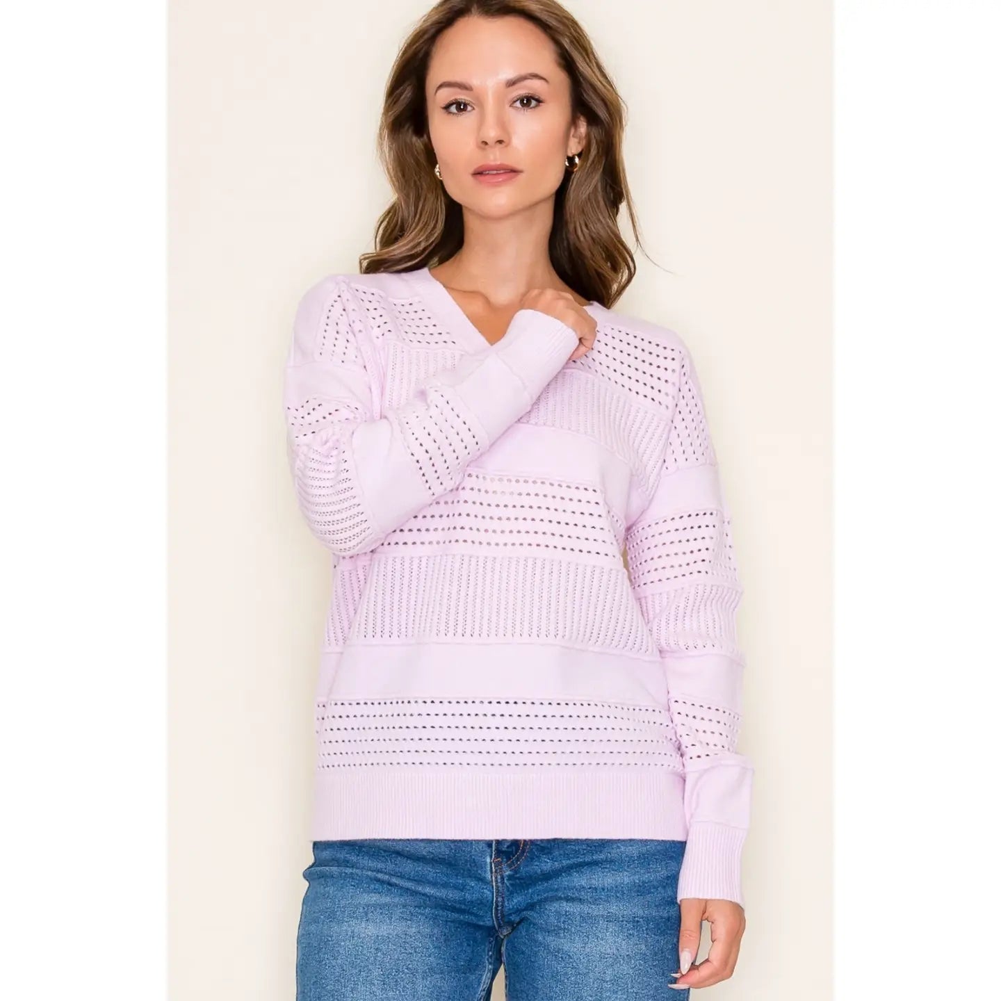 LYDIA POINTELLE DETAIL LONG SLEEVE V-NECK PULLOVER