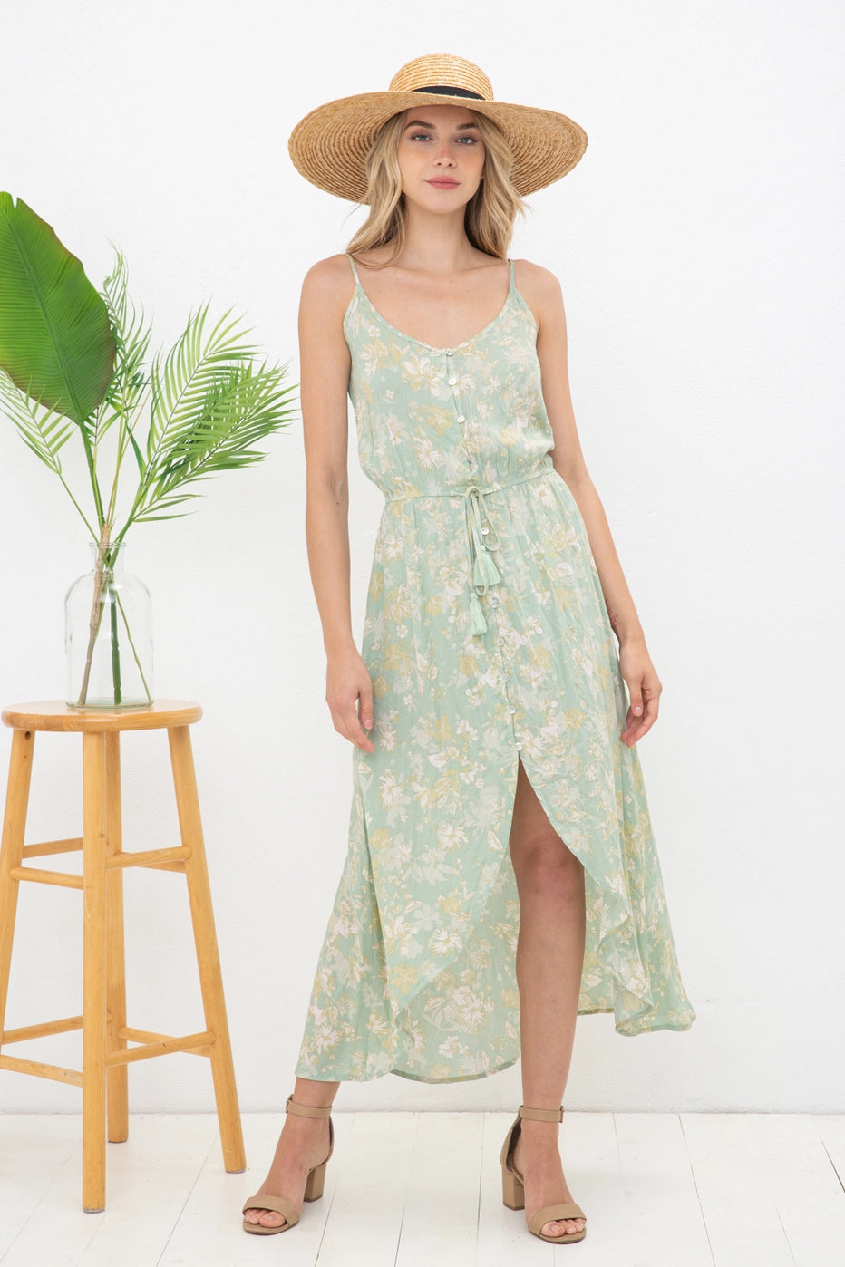 Tianna Tropical Floral Button Up Waist Cami Midi Dress