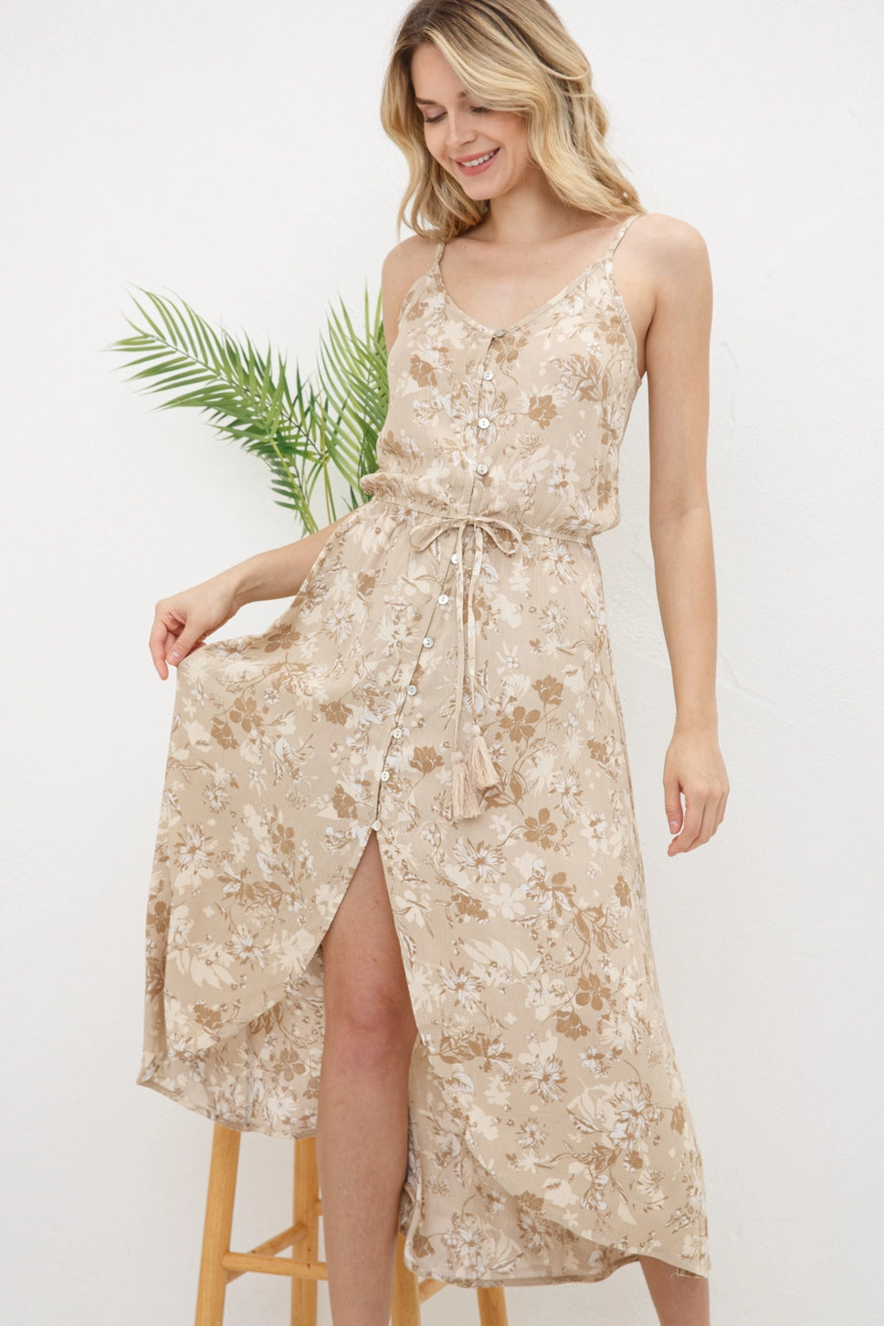 Charlie Tropical Floral Button Up Waist Cami Midi Dress
