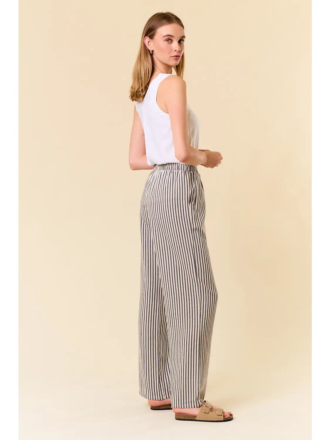 LAR LINEN BLEND STRIPE WIDE LEG PANTS W/POCKET