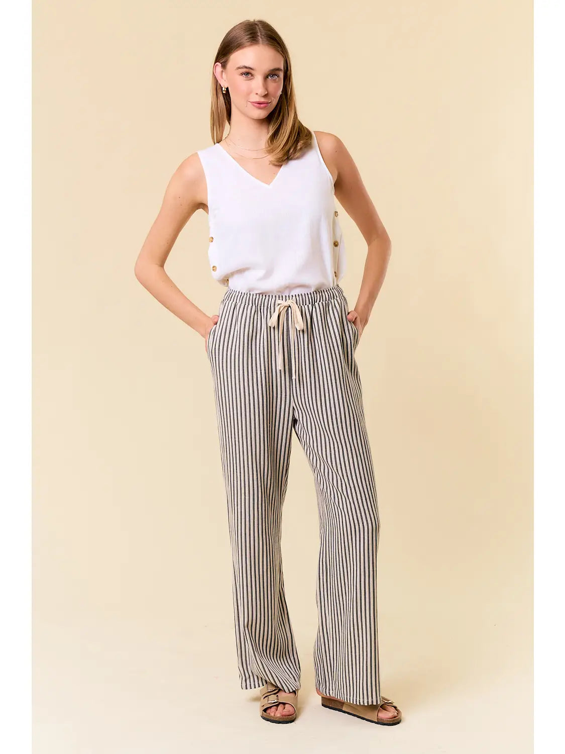 LAR LINEN BLEND STRIPE WIDE LEG PANTS W/POCKET