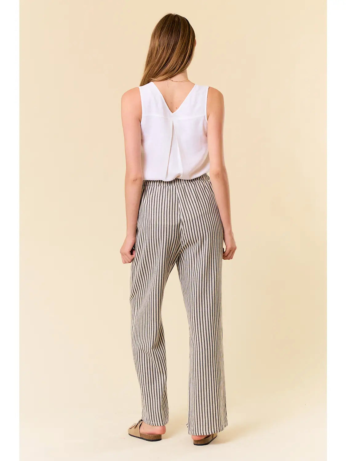 LAR LINEN BLEND STRIPE WIDE LEG PANTS W/POCKET
