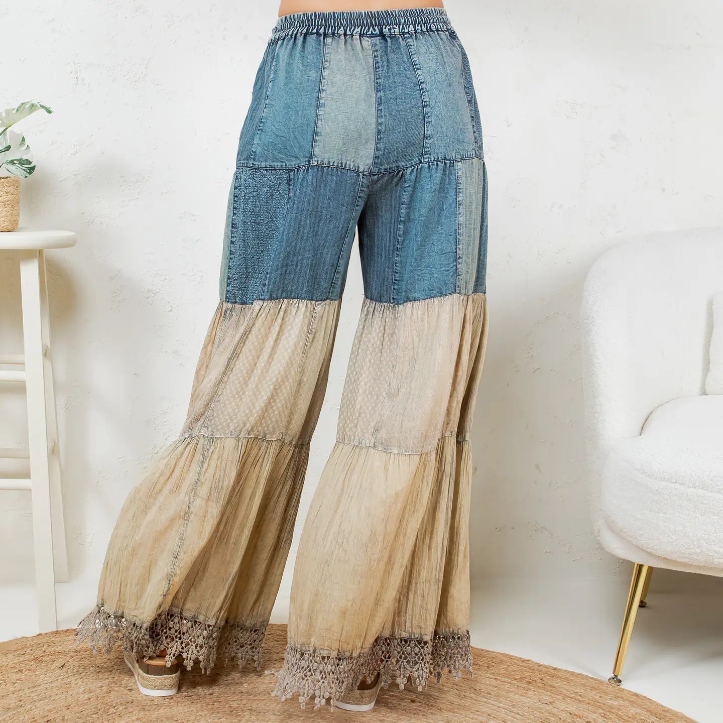 Boho Inspired Long Denim Patch Pants