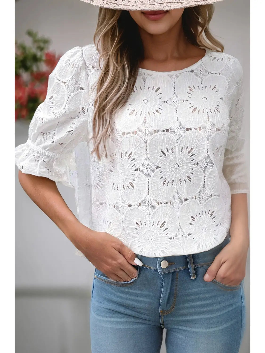 Sydney Floral Eyelet Keyhole Back Ruffled Sleeve Top
