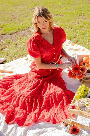 ROCHELLE COTTON EYELET LACE TIERED MAXI SKIRT