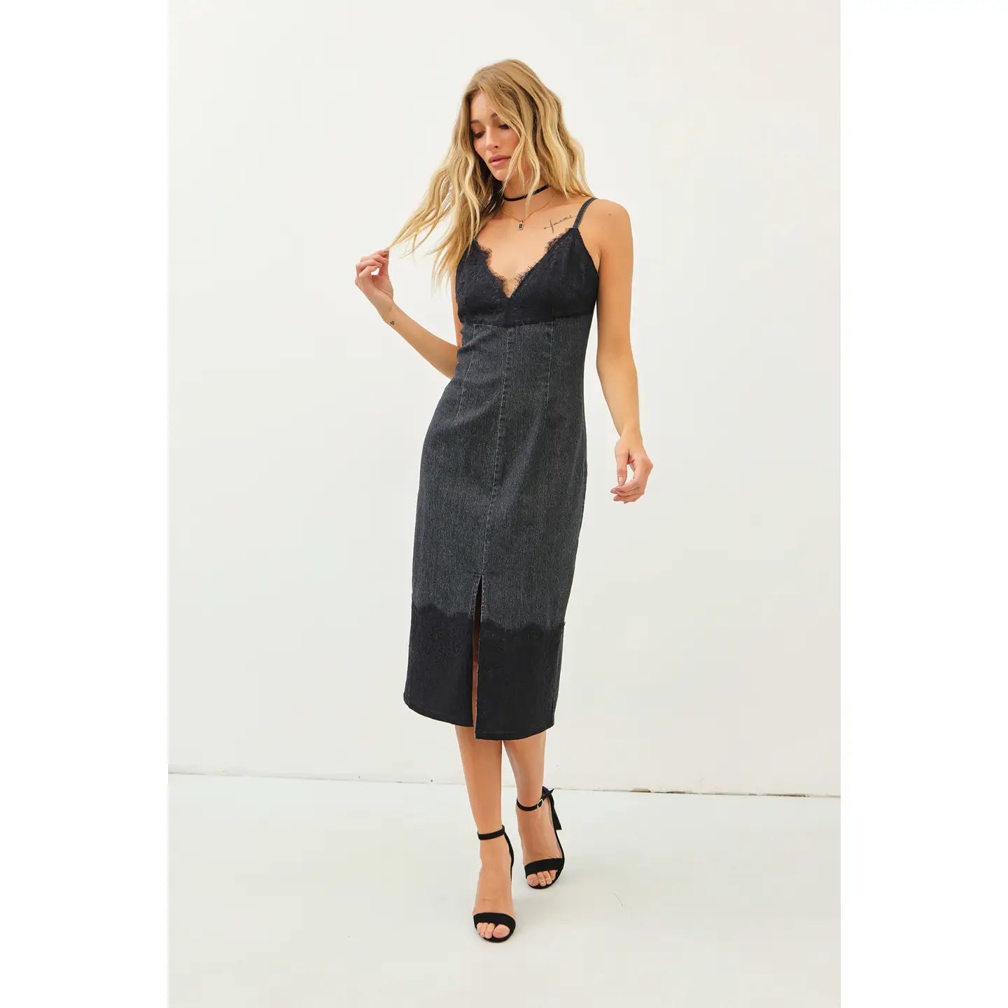 Willa Western Washed Stretchy Denim Dress with Front Slit