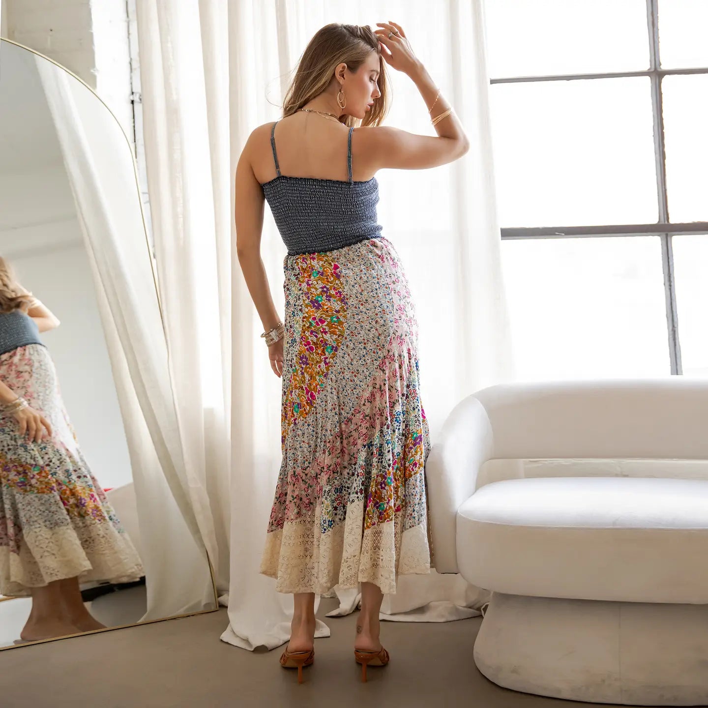 Smocked Boho Patchwork Floral Midi Dress with Lace Hem