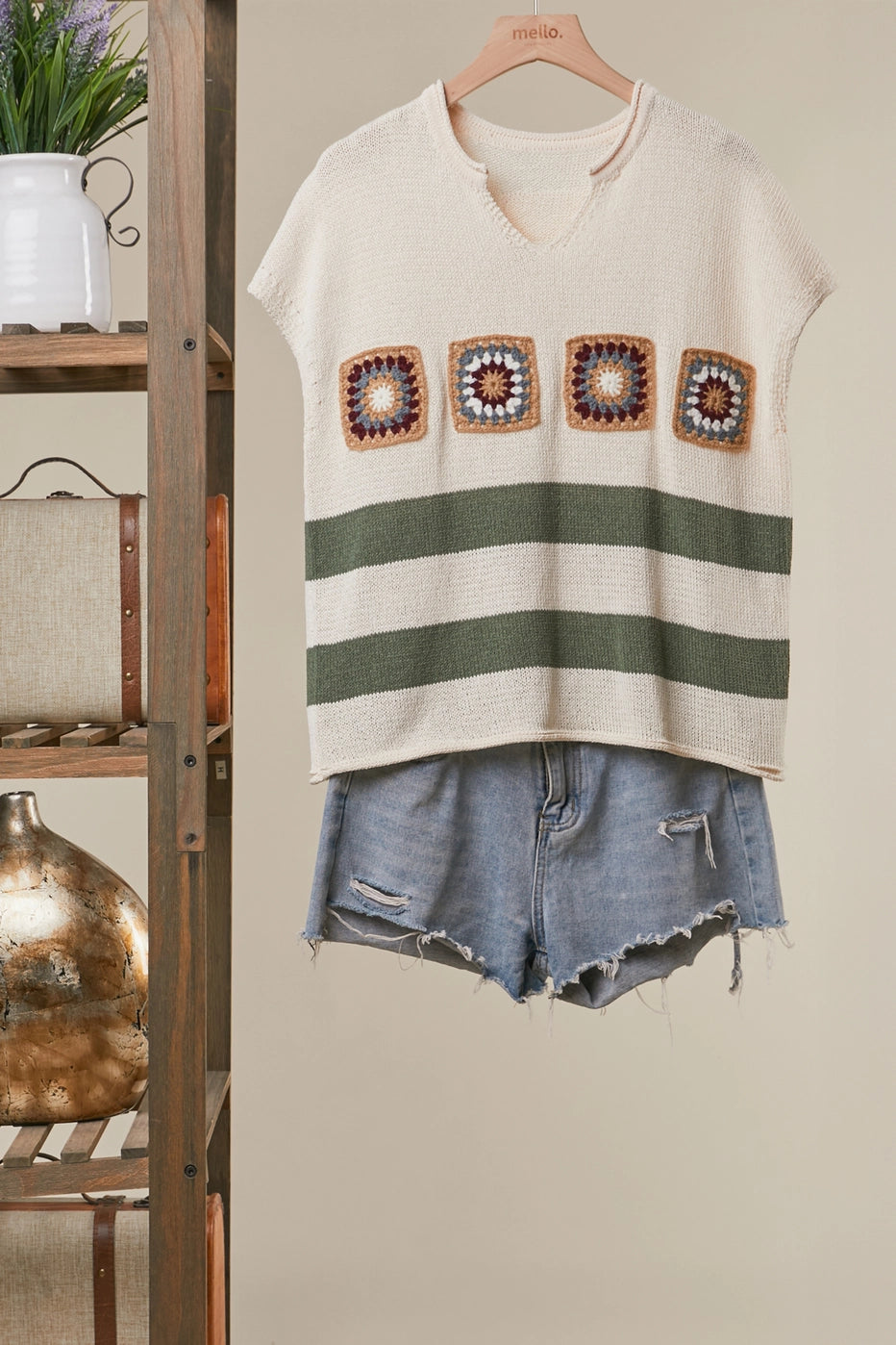 Granny Square Cropped Sweater with Stripes