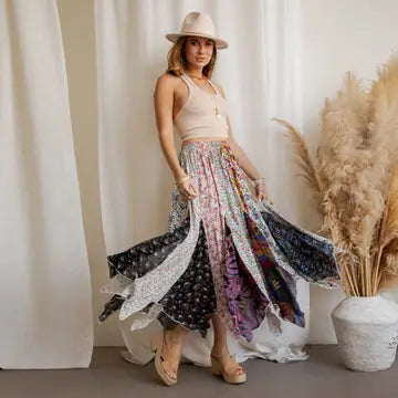 Artisan Bohemian Patchwork Handkerchief Maxi Skirt New