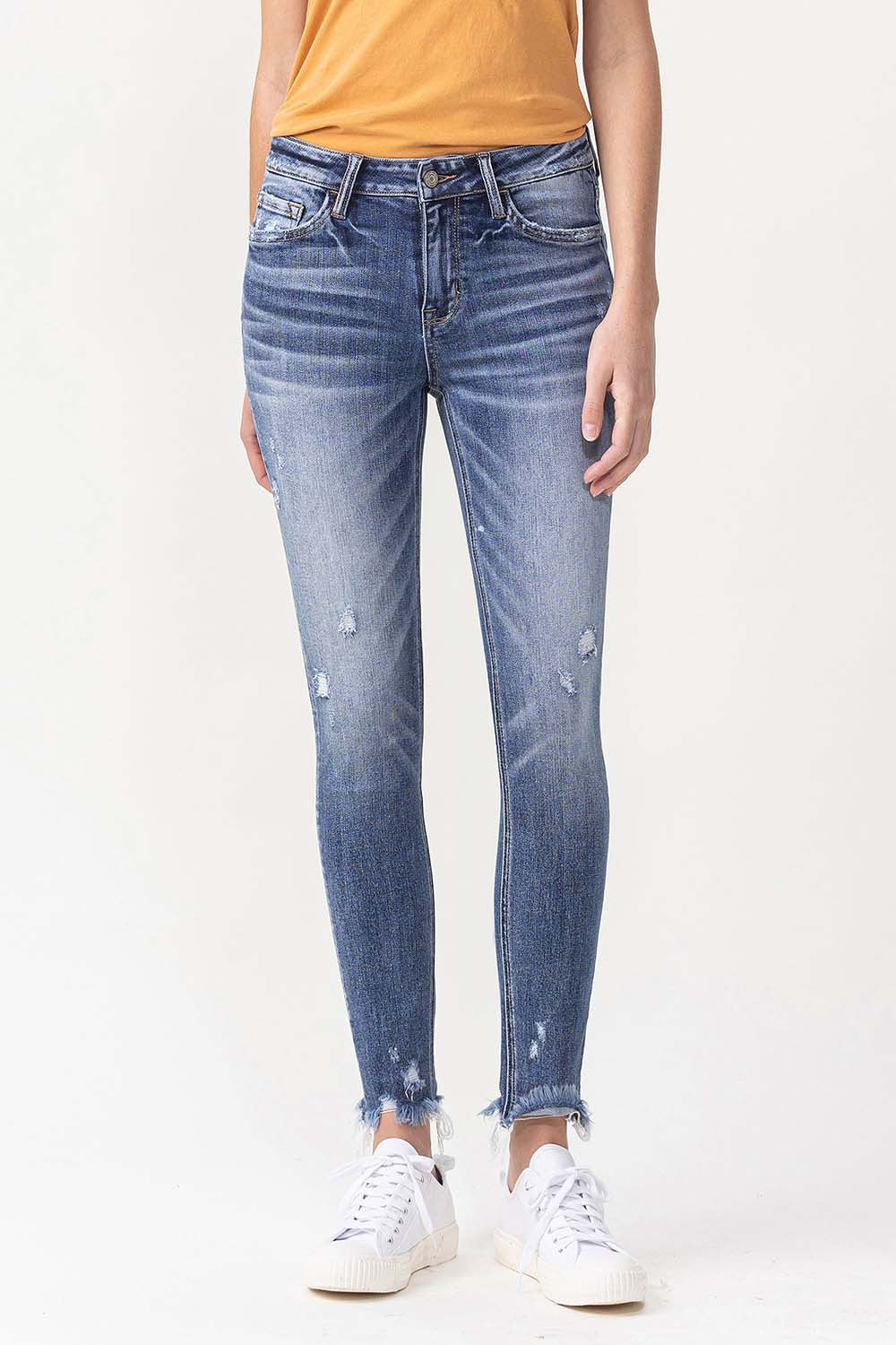 LOLA MID RISE ANKLE SKINNY JEANS WITH FRAYED HEM DETAIL