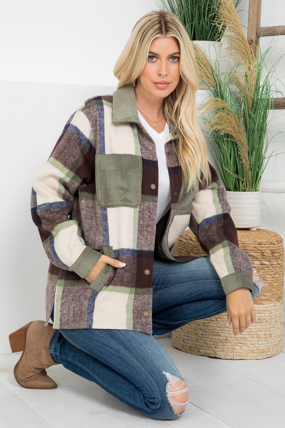 Thea Wool Like Plaid with Corduroy Pockets