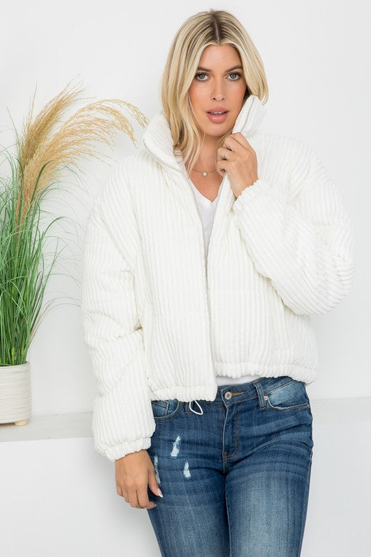 Snow White Cropped Cord Puffer Coat