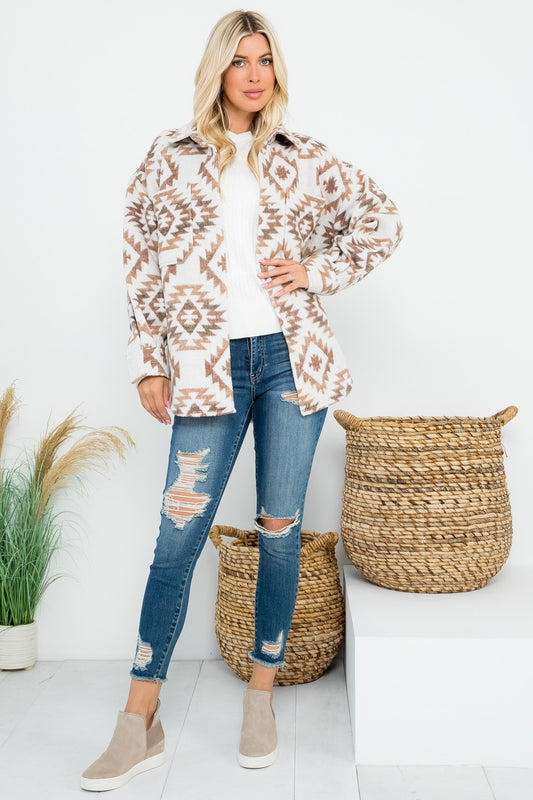 Wool Like Tan Aztec Print Shacket