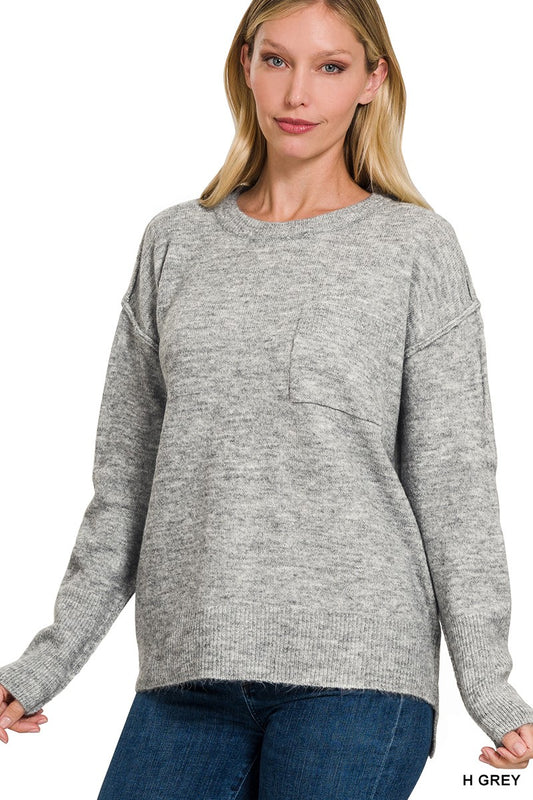 FAYE HI-LOW HEM ROUND NECK SWEATER ~ GREY