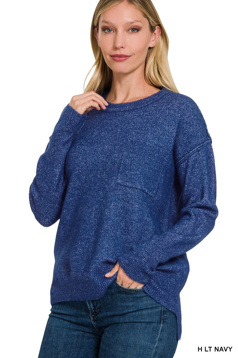 FAYE HI-LOW HEM ROUND NECK SWEATER ~ NAVY