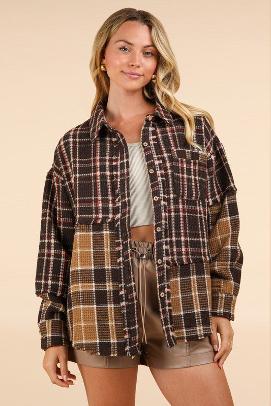 MAGGIE Mixed Plaid Mocha Oversized Shacket Jacket