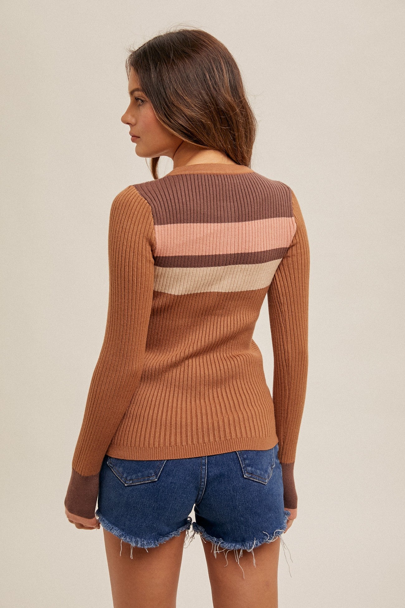 THEA COLOR BLOCK RIBBED SWEATER HENLEY TOP