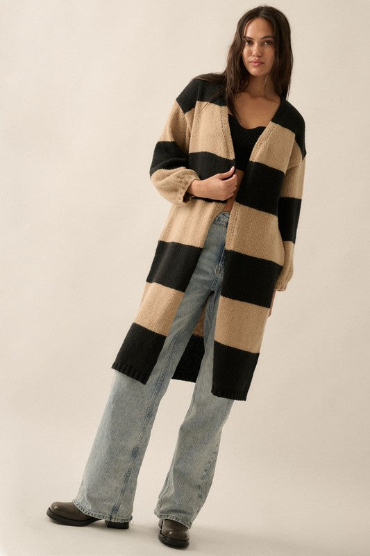 KK Striped Knit Open-Front Duster Pocket Cardigan