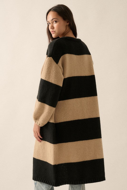 KK Striped Knit Open-Front Duster Pocket Cardigan