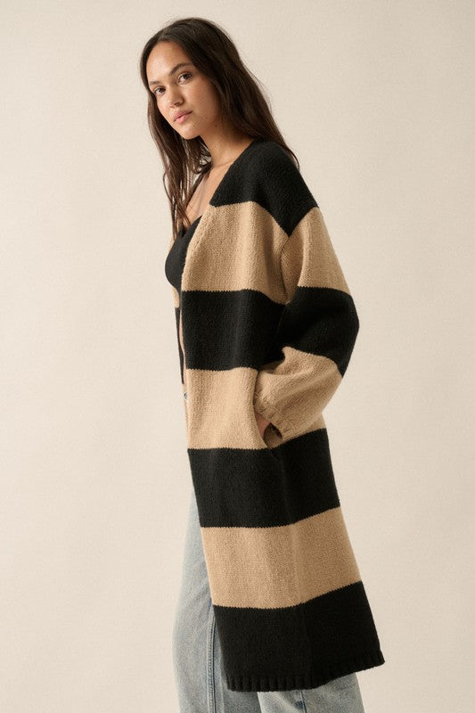 KK Striped Knit Open-Front Duster Pocket Cardigan