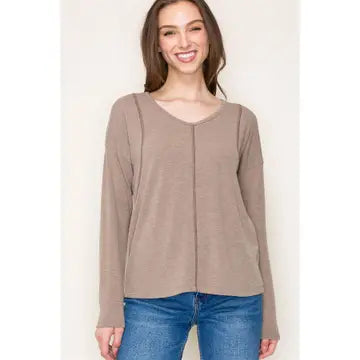 Harlow V-Neck Exposed Stitch Long Sleeve Knit Top