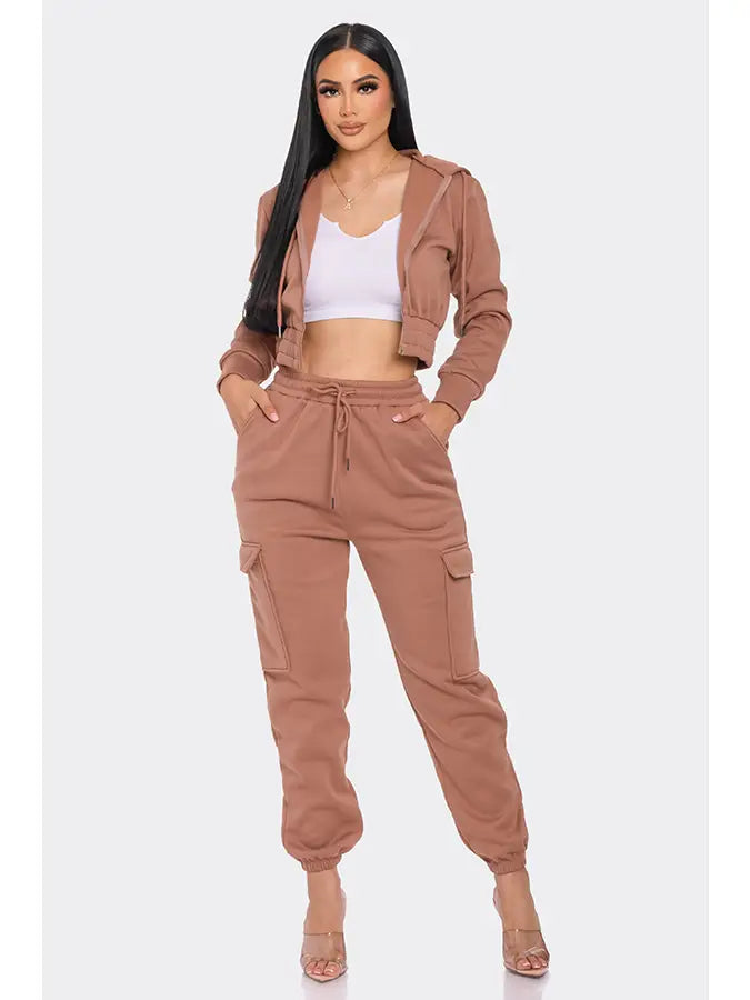 2 Pcs Cropped Zipper Hoodie and Cargo Jogger Pants Set Mocha