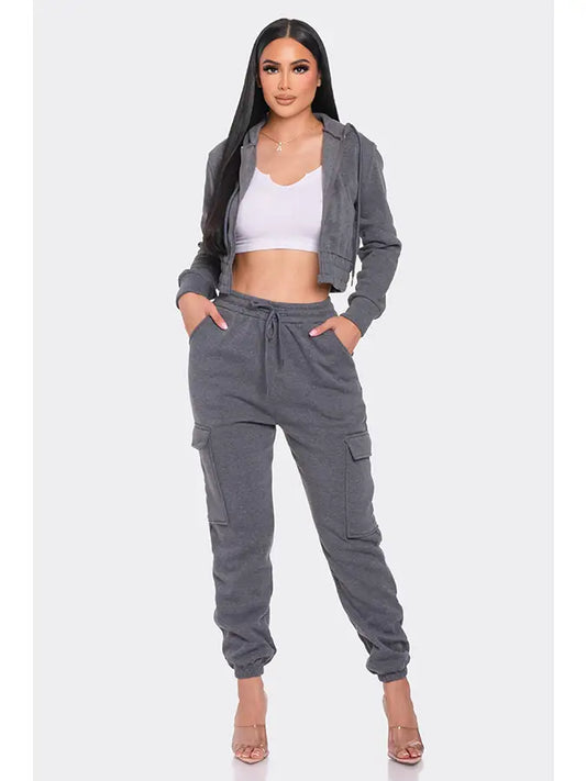 2 Pcs Cropped Zipper Hoodie and Cargo Jogger Pants Set Charcoal