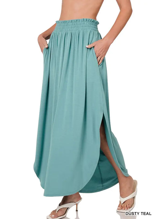 Shanelle Smocked Waist Side Slit Maxi Skirt with Pockets