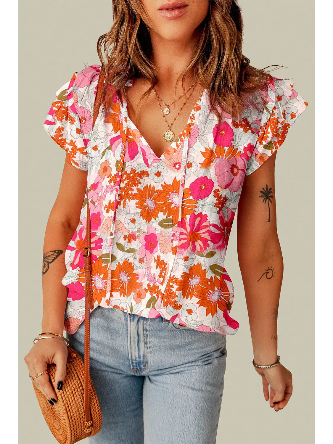 Janelle Split V Neck Ruffle Sleeve Floral Blouse