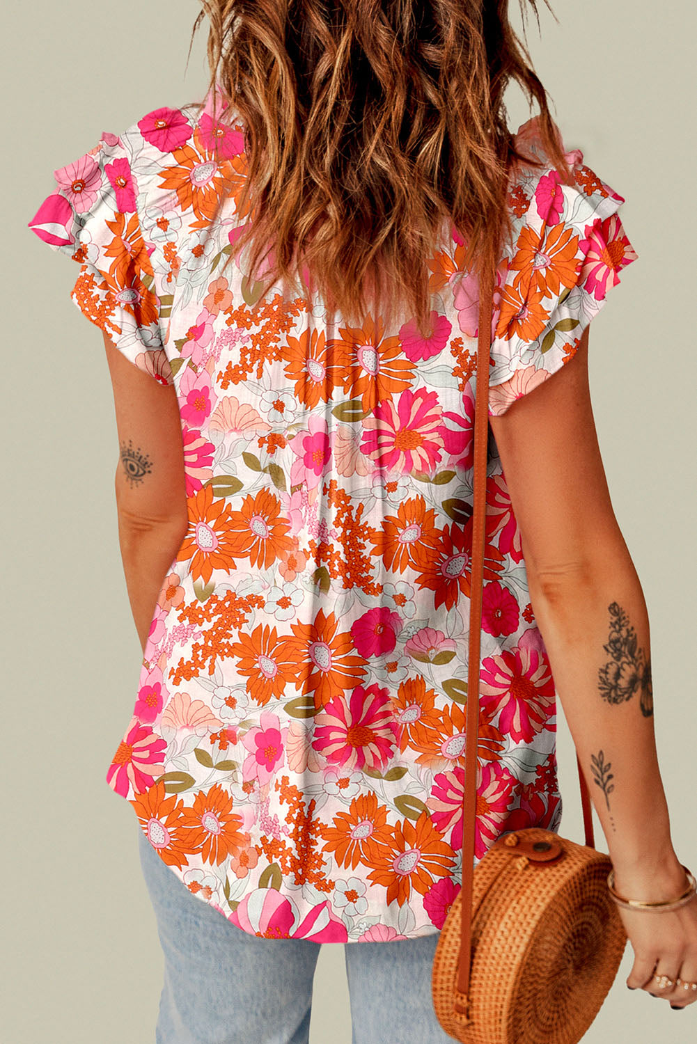 Janelle Split V Neck Ruffle Sleeve Floral Blouse