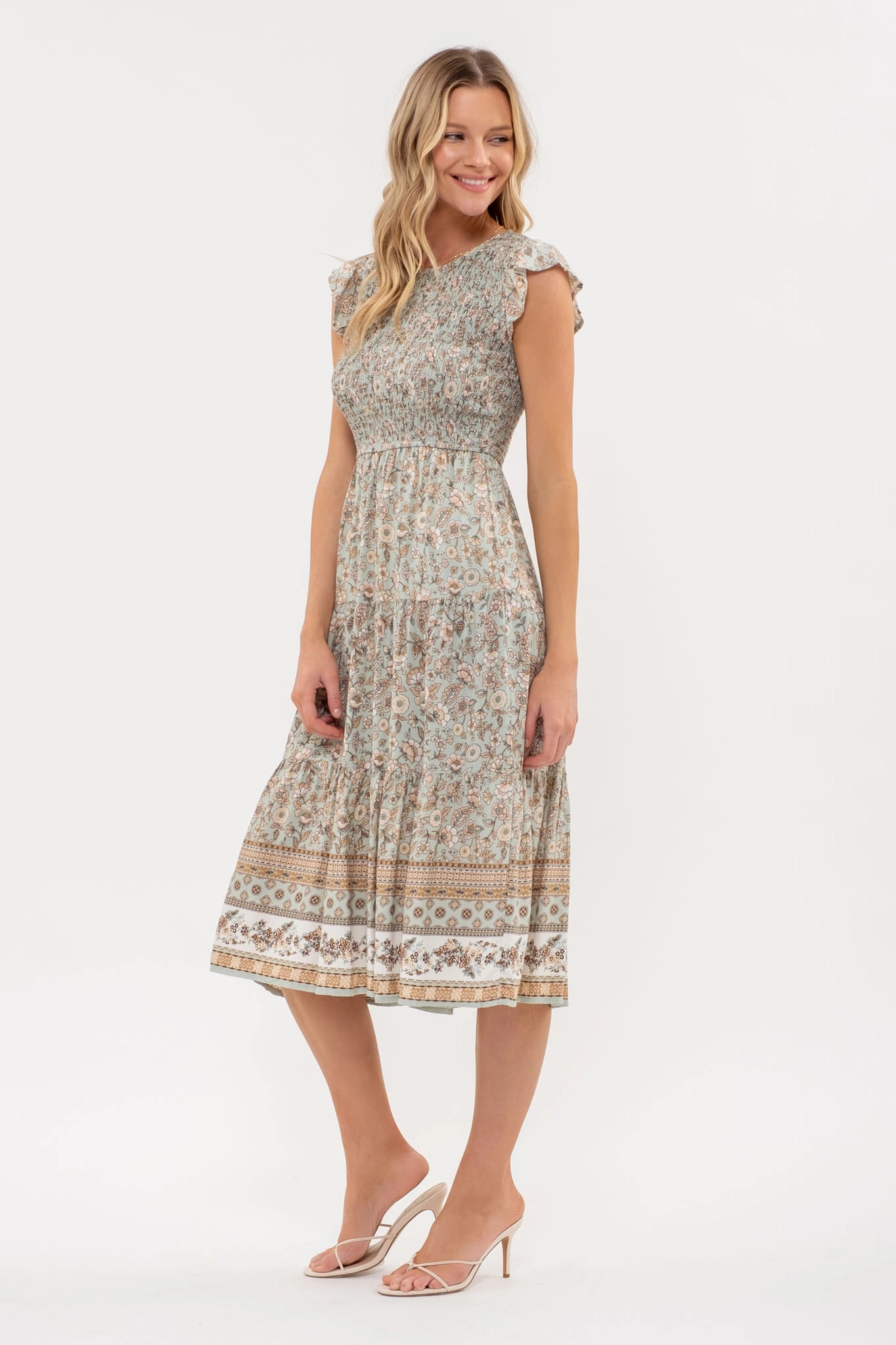 Brooke Smocked Floral Border Print Midi Dress