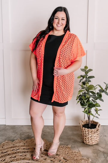 CONNER OPEN FRONT CROCHET CARDIGAN IN NEON CORAL