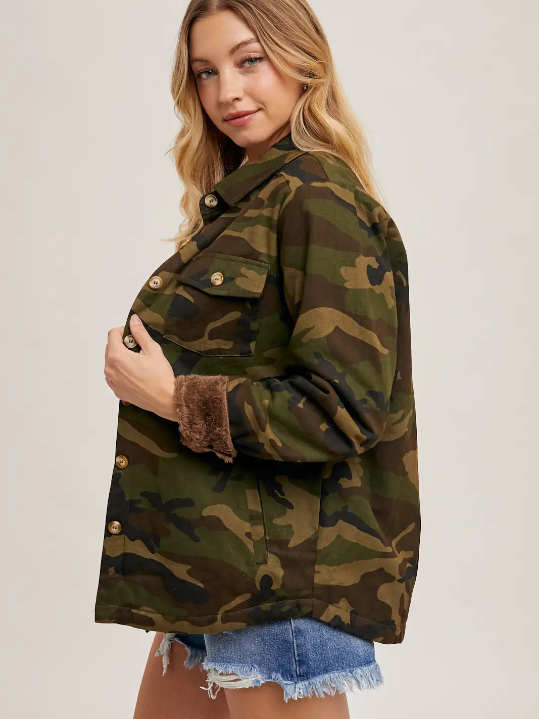 Button Down Camo Print Sherpa Inner Jacket