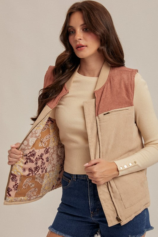 Razza Color Block Corduroy Mixed Print Lining Vest (2) Colors