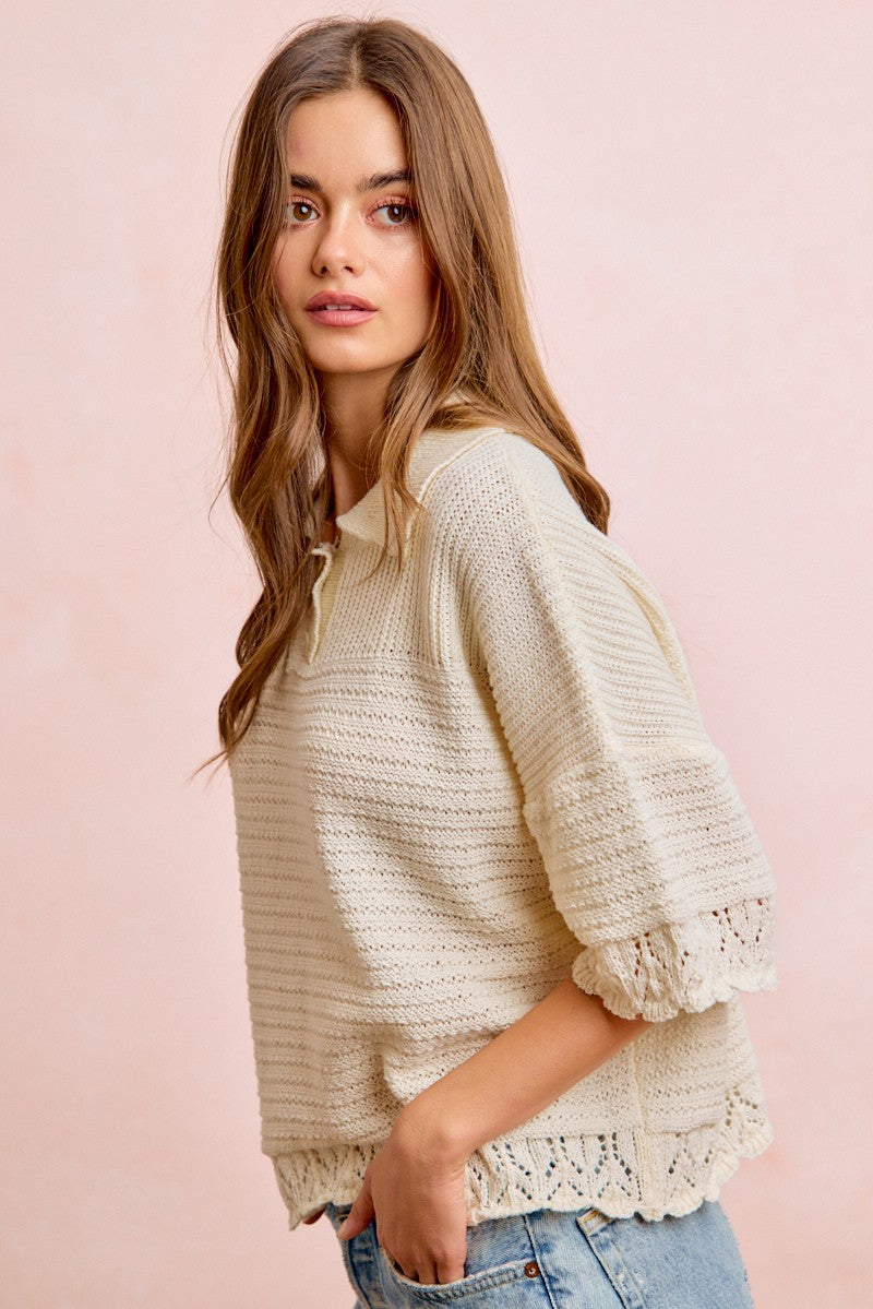 Textured Crochet Edge Buttoned Collar Knit Top Ivory