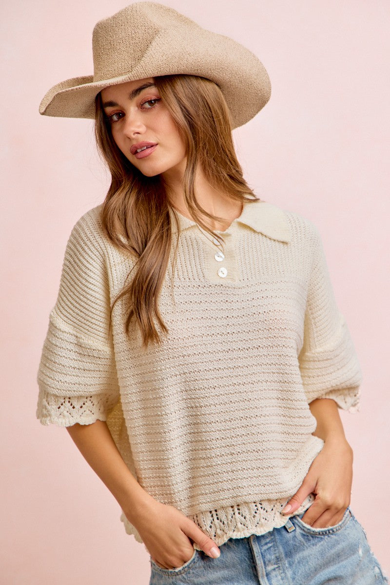 Textured Crochet Edge Buttoned Collar Knit Top Ivory