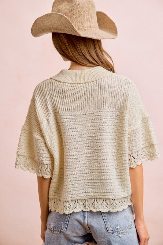 Textured Crochet Edge Buttoned Collar Knit Top Ivory