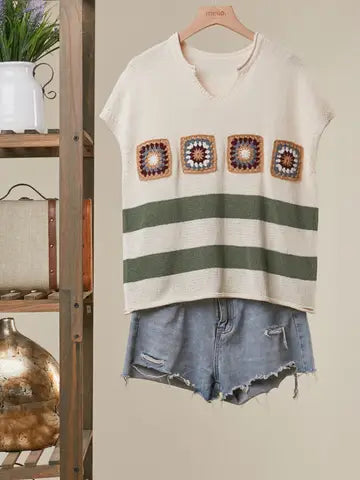 Granny Square Cropped Sweater with Stripes