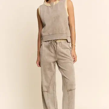 Washed French Terry Contrast Waist Barrel Pants
