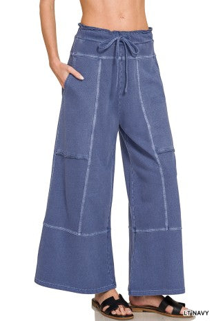 French Terry Washed Exposed-seam Wide Leg Pants (3) Colors