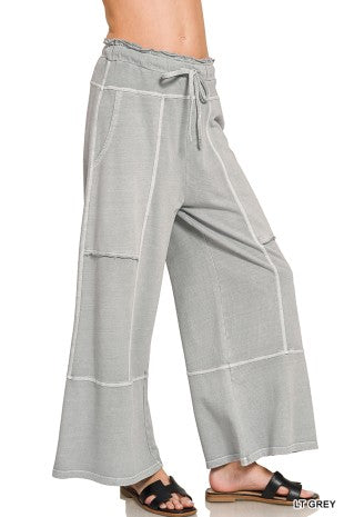 French Terry Washed Exposed-seam Wide Leg Pants (3) Colors