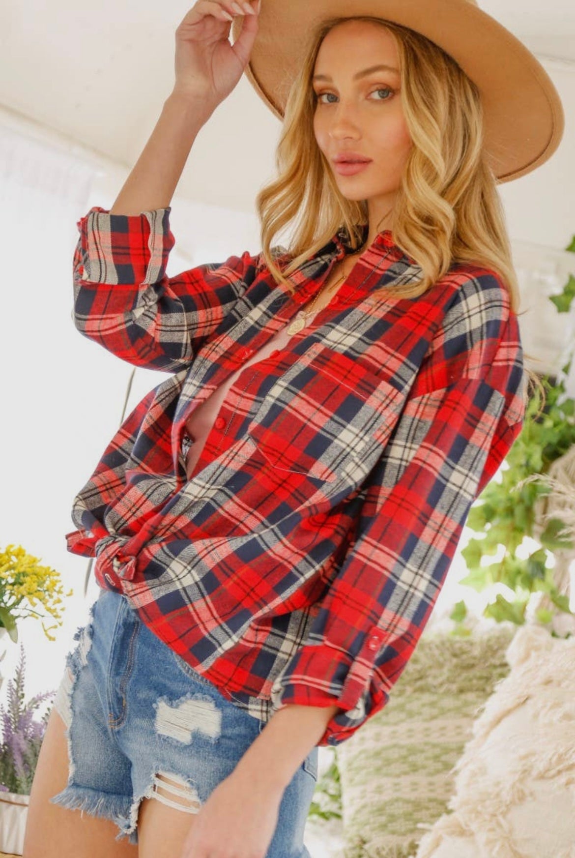 Rita Red Loose Fit Button-Down Plaid Shirt