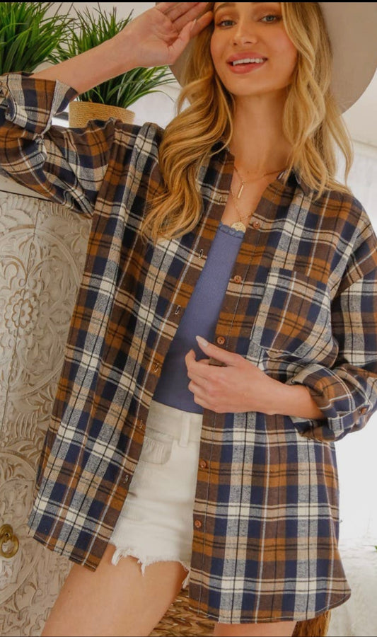 Bae Loose Fit Button-Down Plaid Shirt