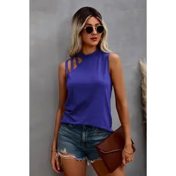 Mesa Mock Neck Blue Cutout Shoulder Sleeveless Top