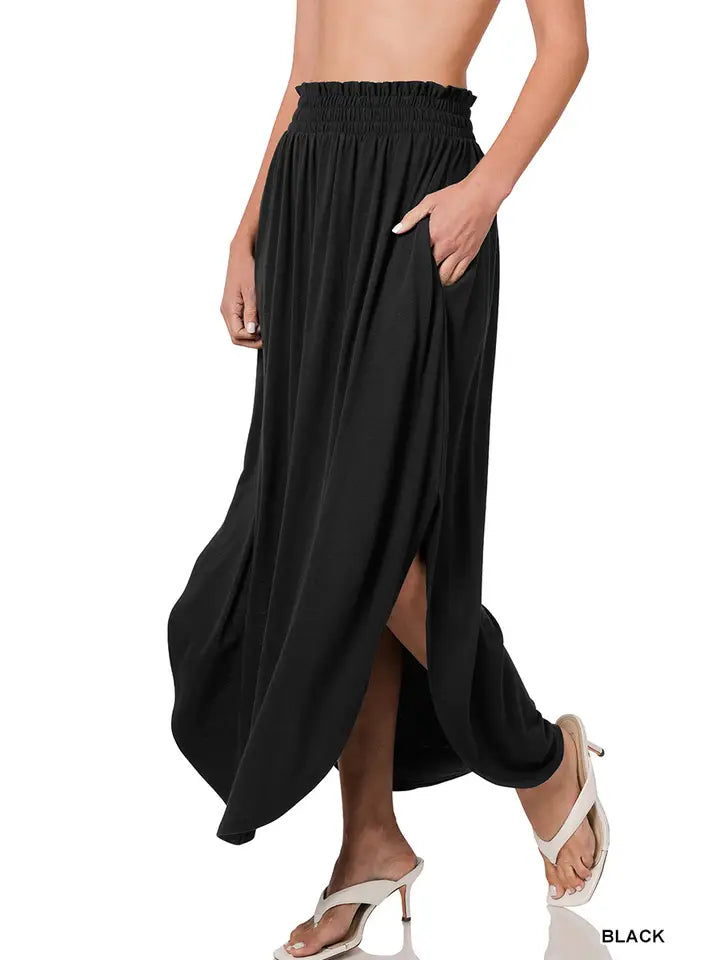 Bria Smocked Waist Side Slit Maxi Skirt with Pockets