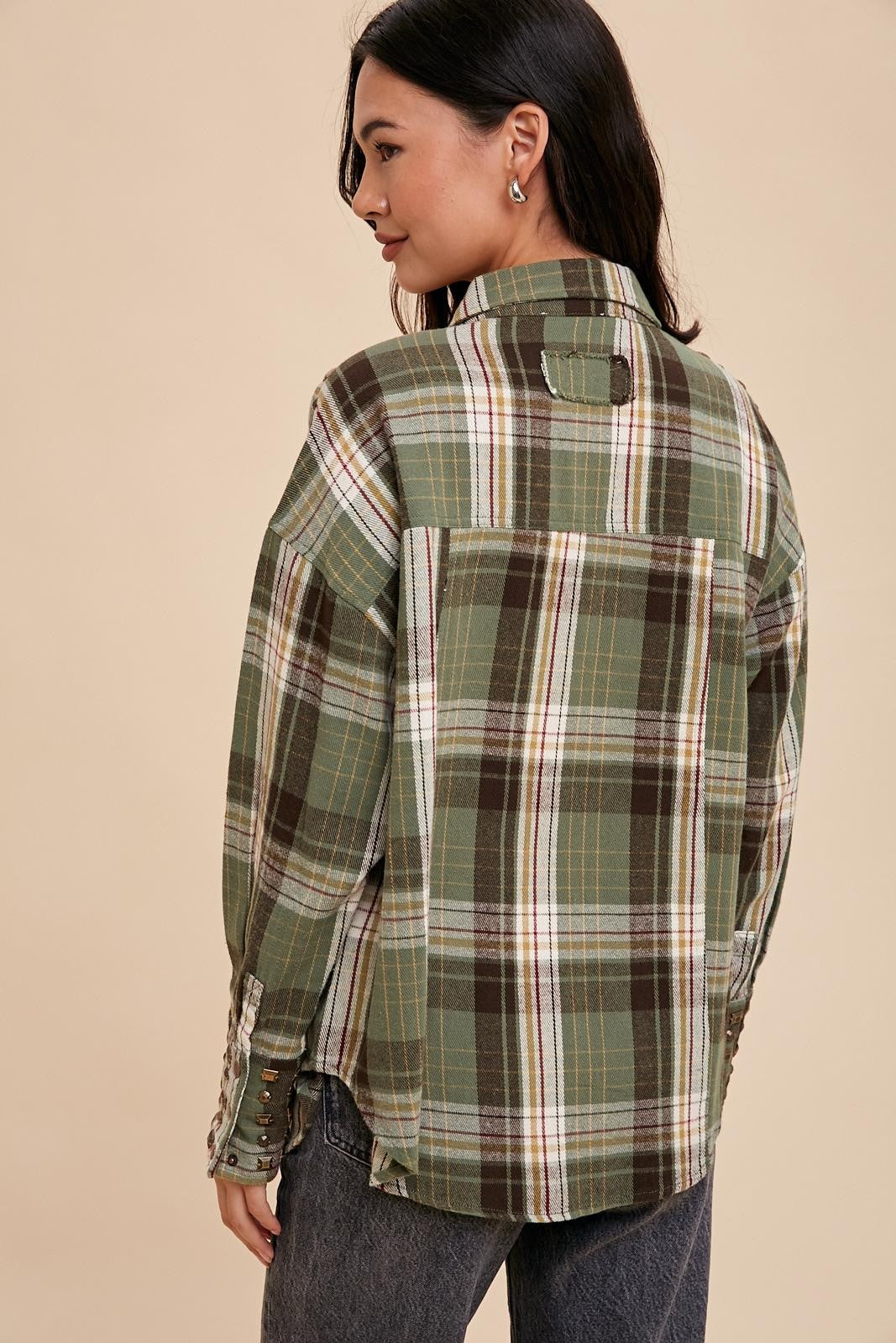 SAGE STUDDED COTTON PLAID BUTTON DOWN