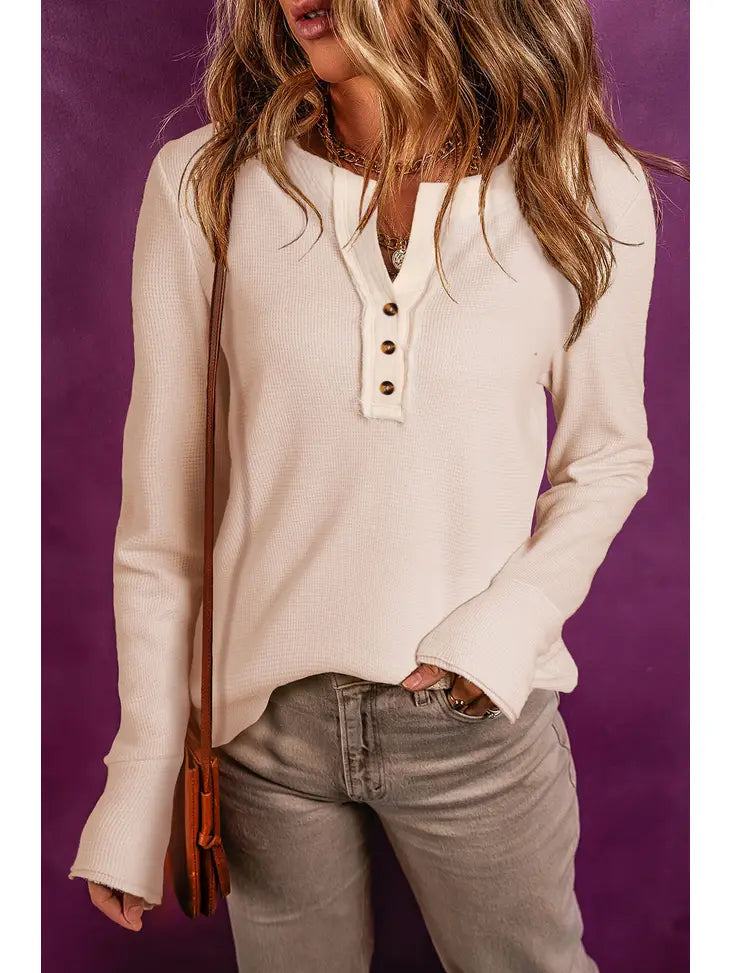 West Cream Color Waffle Knit Textured Henley Top