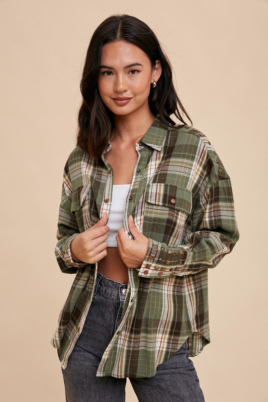 SAGE STUDDED COTTON PLAID BUTTON DOWN