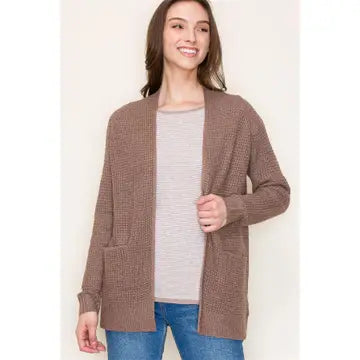 Ashton Open Front Waffle Textured Sweater Cardigan with Pockets